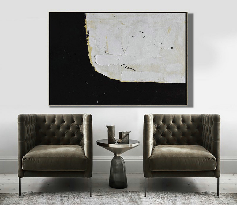 Extra Large Paintings,Horizontal Palette Knife Minimal Canvas Art Painting Black White Beige - Extra Large Wall Art